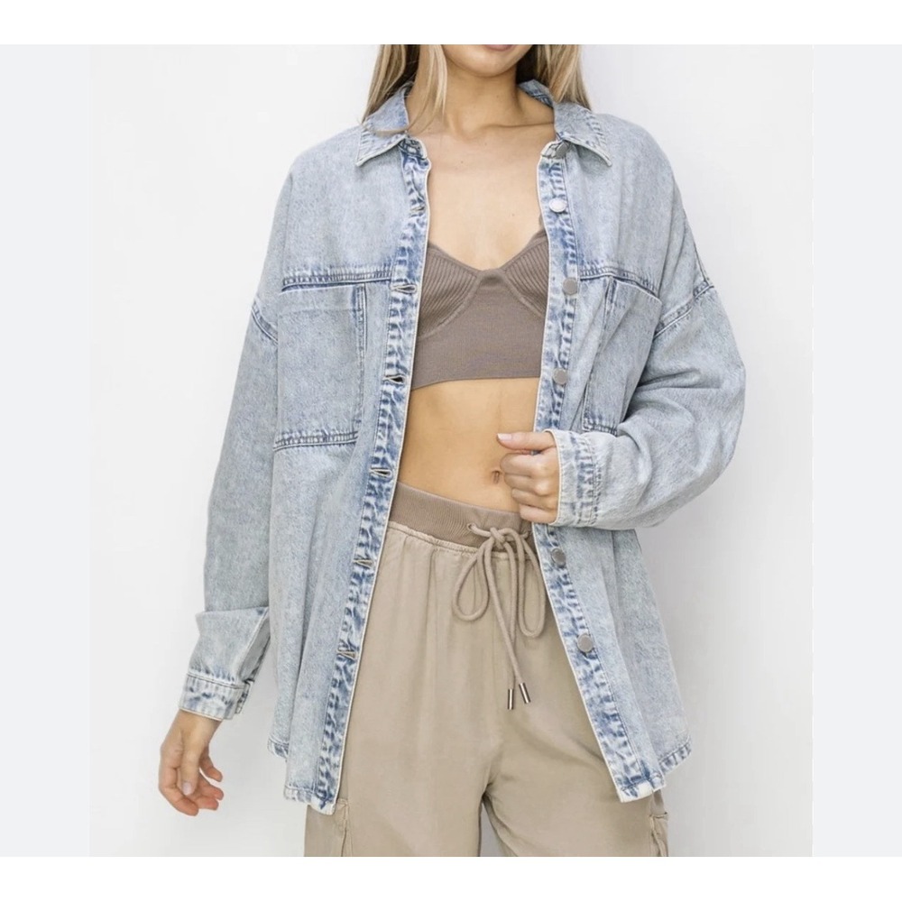 Risen Acid Washed Denim Blue Western Shirt Shacket S Oversized Lagenlook Boho
